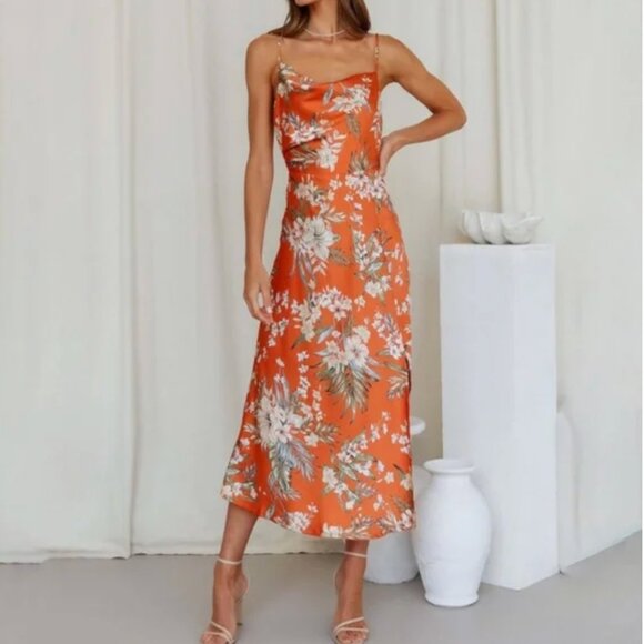 Paper Heart Orange Floral Tropical Satin Slip Midi Dress XL - Picture 1 of 7